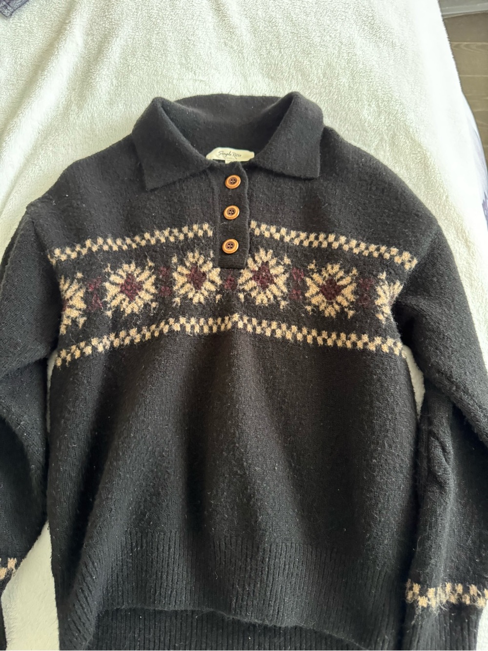 Men's Black Fair Isle Wool Polo Sweater